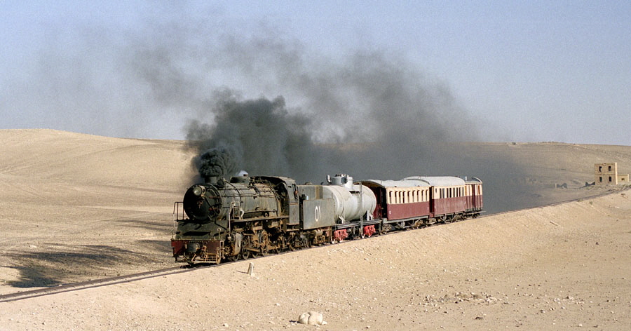 Steam locomotive 51 & train pass Sawaka, heading north from Qatrana to Amman, Hedjaz Railway, Jordan