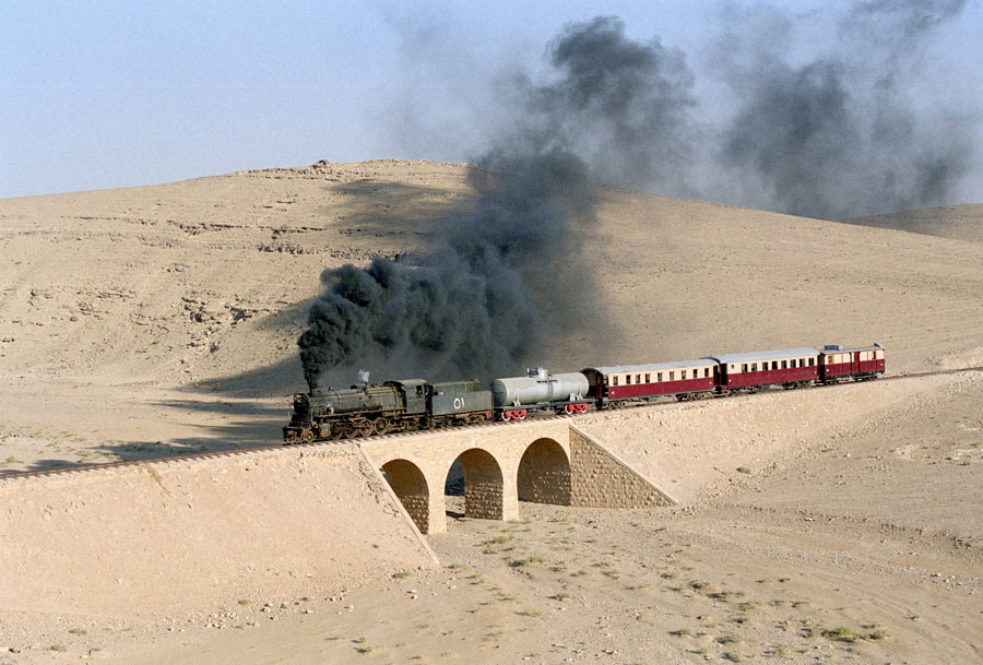 Steam locomotive 51 & train crossa wad i, heading north from Qatrana to Amman, Hedjaz Railway, Jordan