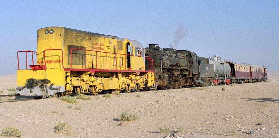 Diesel & steam locomotives & train from Qatrana north to Amman, Hedjaz Railway, Jordan