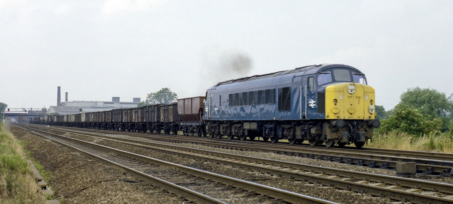 Class 44 1Co-Co1 diesel locomotive no.44001 "Scafell Pike" with a coal train heads south on the Midland Main Line, south of Loughborough