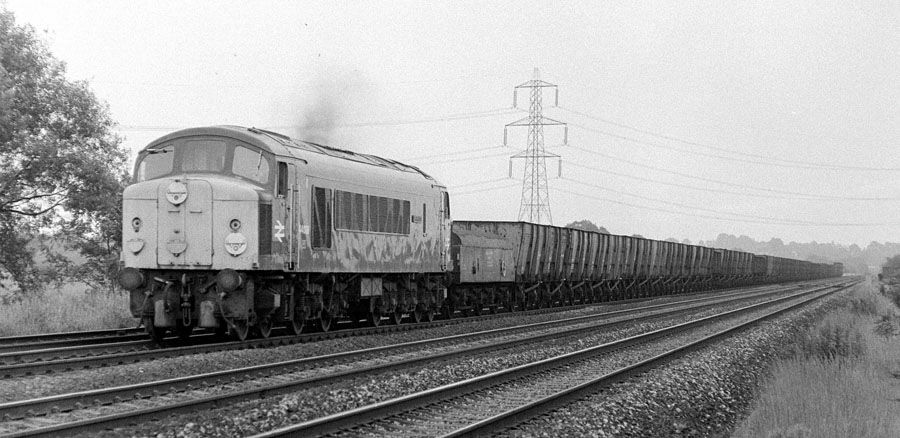 Class 44 "Peak" 1Co-Co1 diesel locomotive no.44006 "Whernside" with a brake tender and train of empty coal wagons heads north on the Midland Main Line south of Loughborough