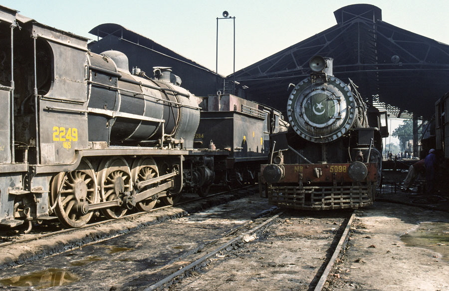 Broad gauge, oil fired, steam locomotives at Samasata locomotive shed, Pakistan, 20th December 1993