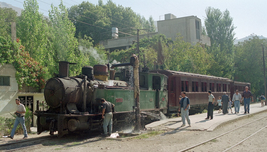 Steam locomotive taking water between Damascus and Serghaya, Hedjaz Railway, Syria