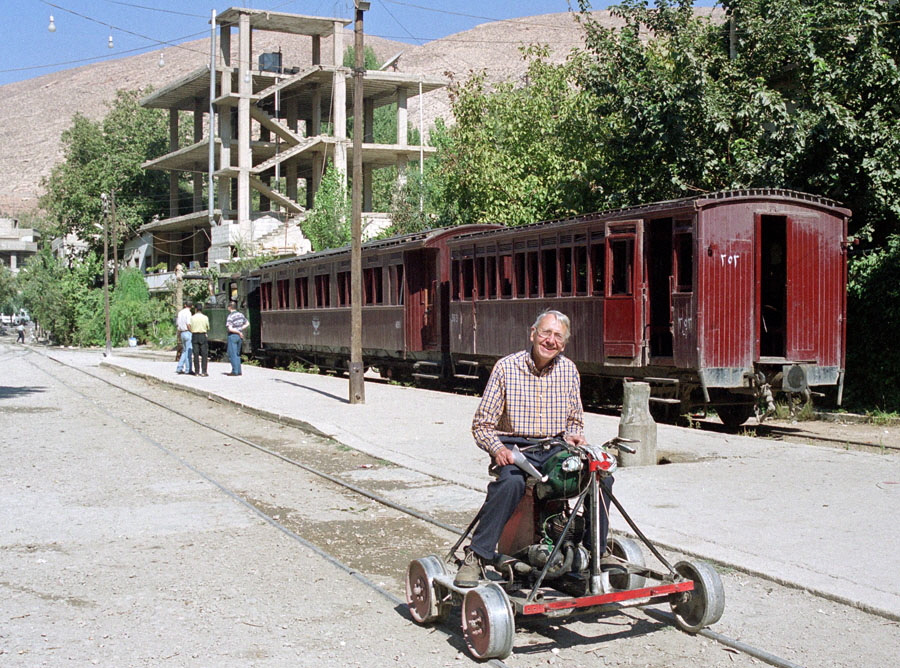 Tour leader Hugh Ballantyne on track trolley between Damascus and Serghaya, Hedjaz Railway, Syria