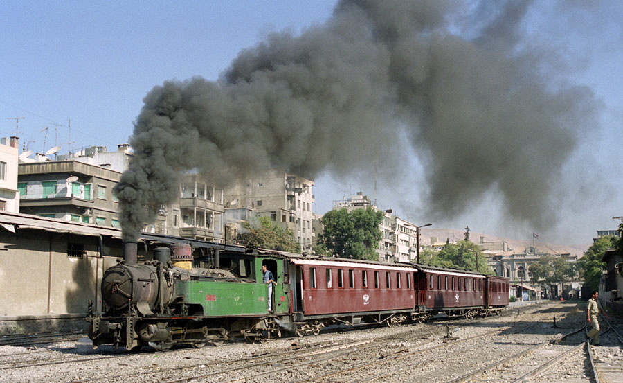 Steam train departing Damascus Kanawat station, Hedjaz Railway, Syria