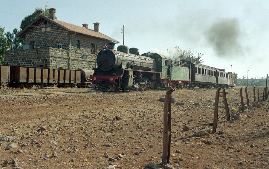 Steam train at Bosra Town station, Hedjaz Railway, Syria