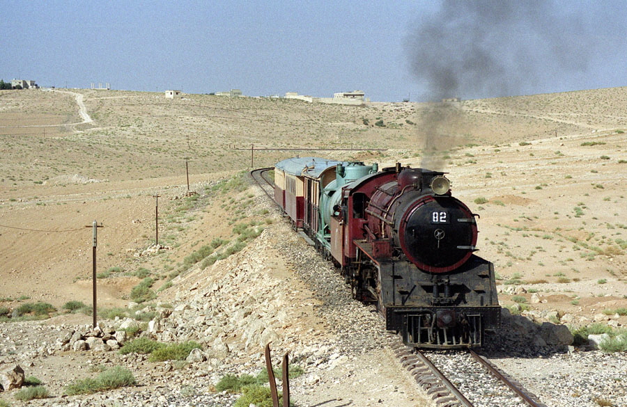 Steam train in desert between Mafraq and Amman, Hedjaz Railway, Jordan