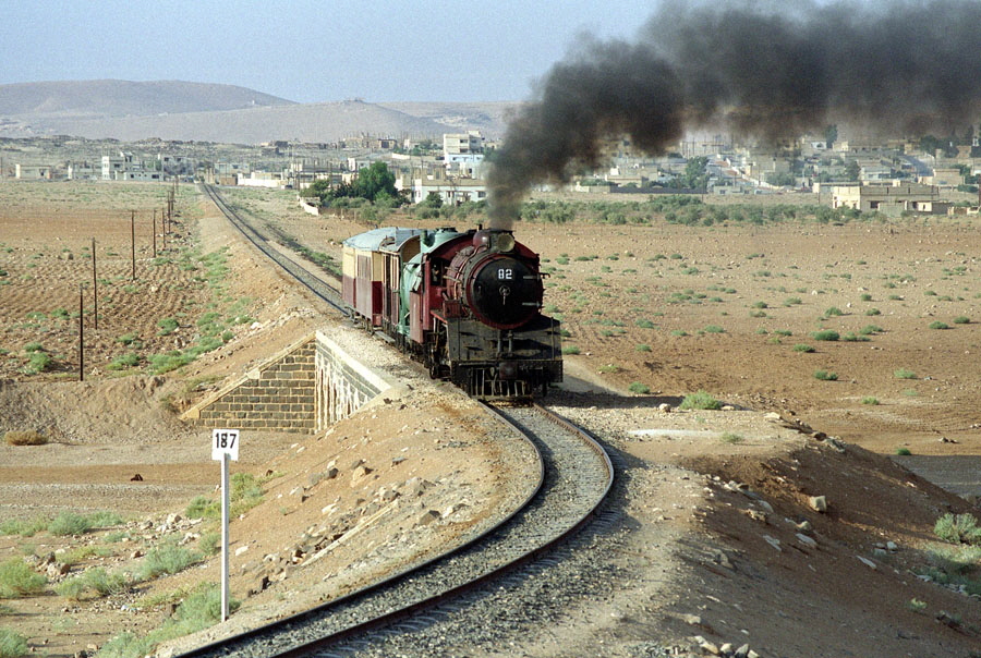 Steam train crossing a wadi between Mafraq and Amman, Hedjaz Railway, Jordan