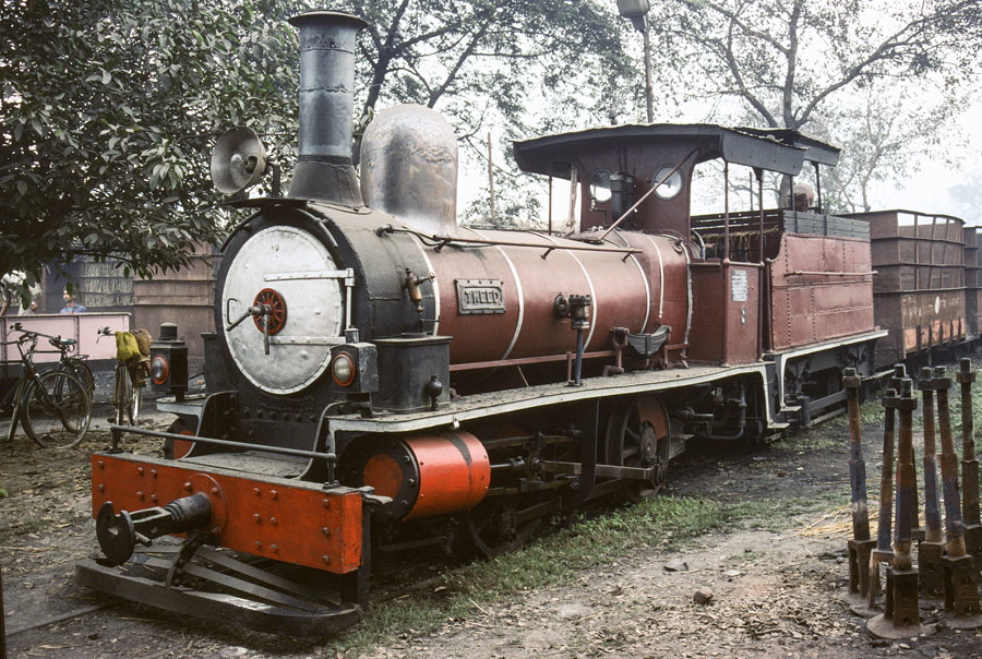 Metre gauge steam locomotive, no. 8 “Tweed”, built by Sharp Stewart in 1873, at Saraya Sugar Mills, India, 28th December 1993.