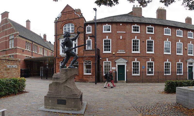 RIchard III statue, Richard III Visitor Centre, and Leicester Cathedral Panorama Photograph
